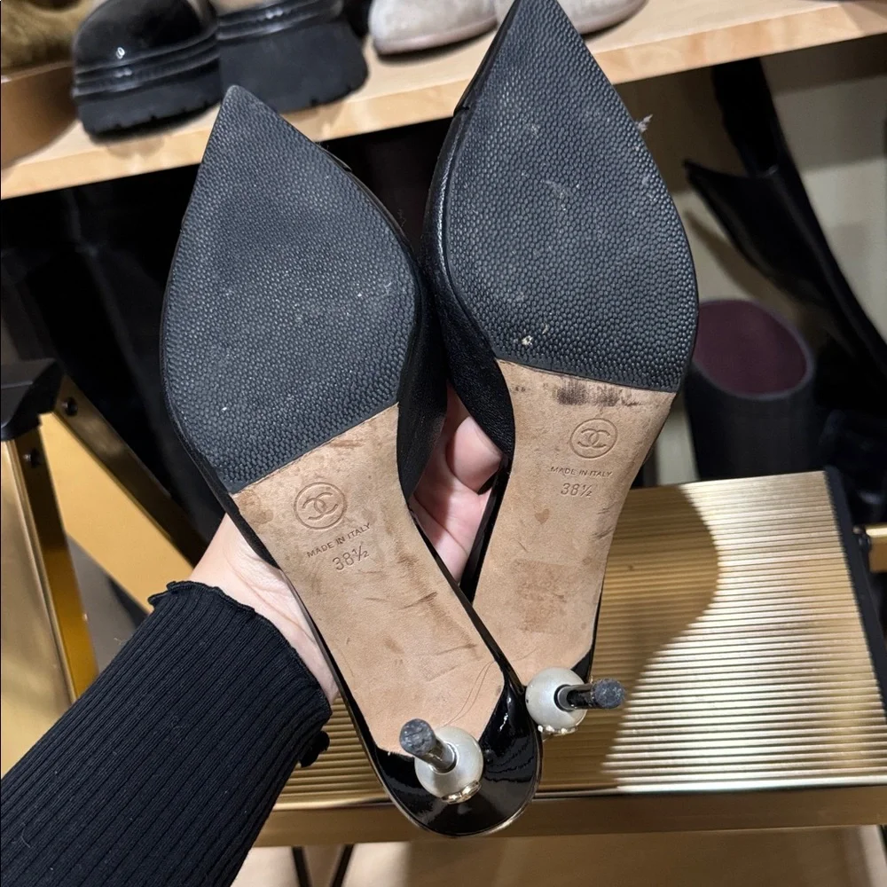 Chanel Black Mules with Pearl Accent sz 38.5